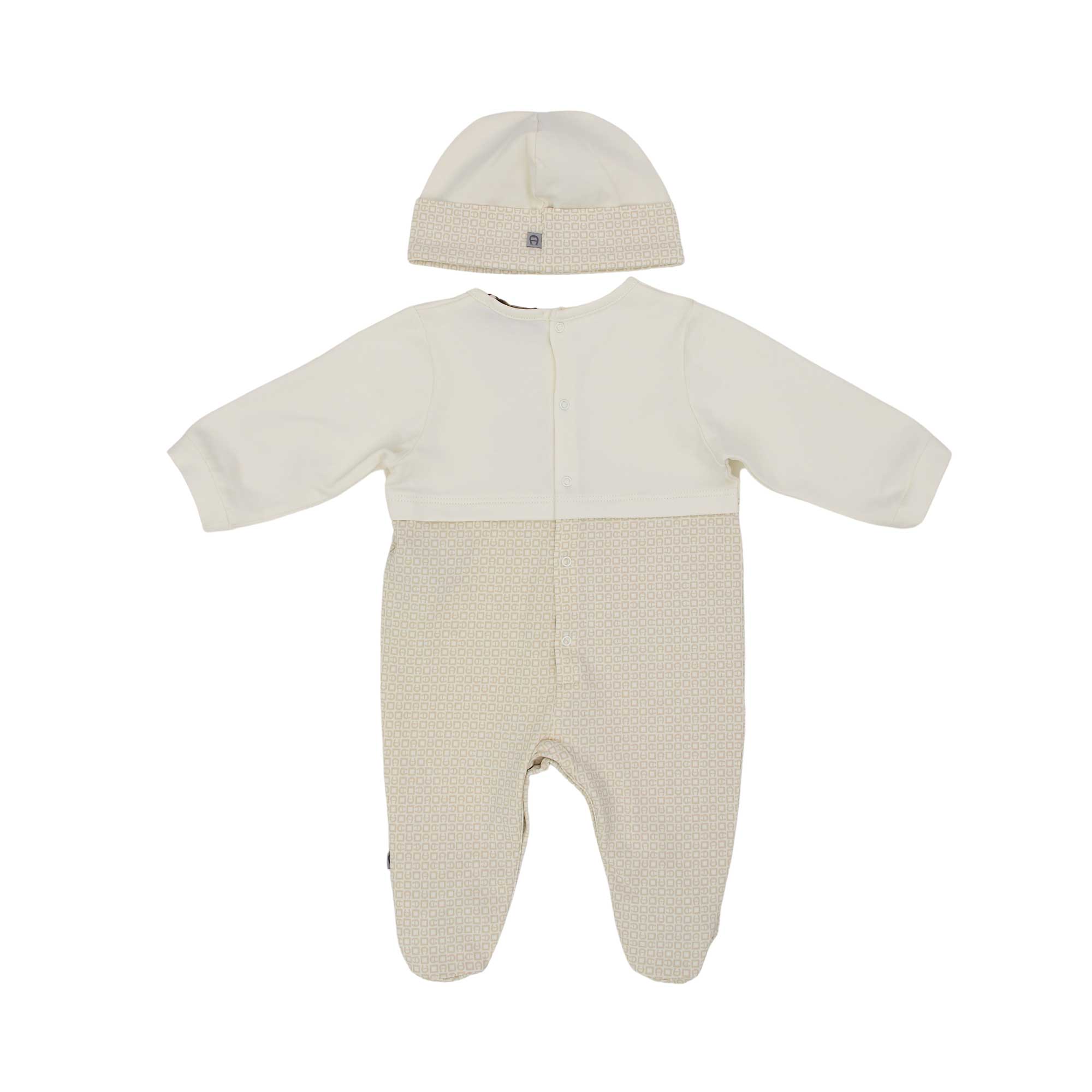 Back view of the Aigner Kids newborn beige sleepsuit set with hat baby outfit soft luxury cotton. Shop the Latest Collection Online