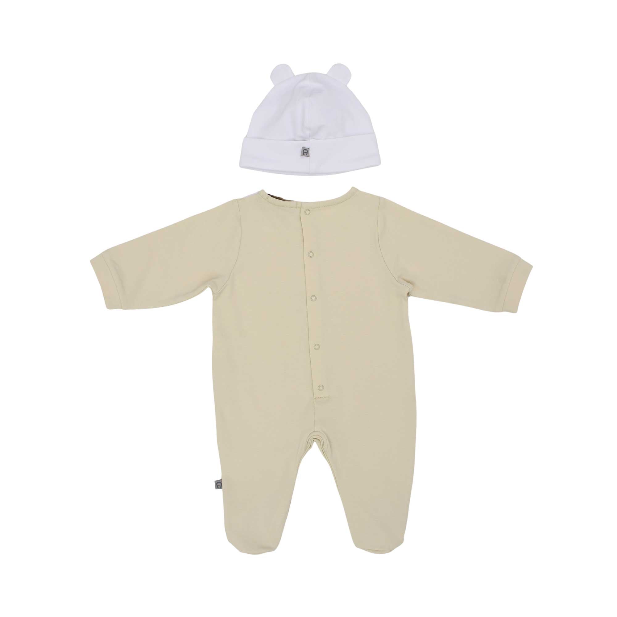 Back view of the Aigner kids newborn beige sleepsuit set with teddy embroidery and ear hat. Find Online Today