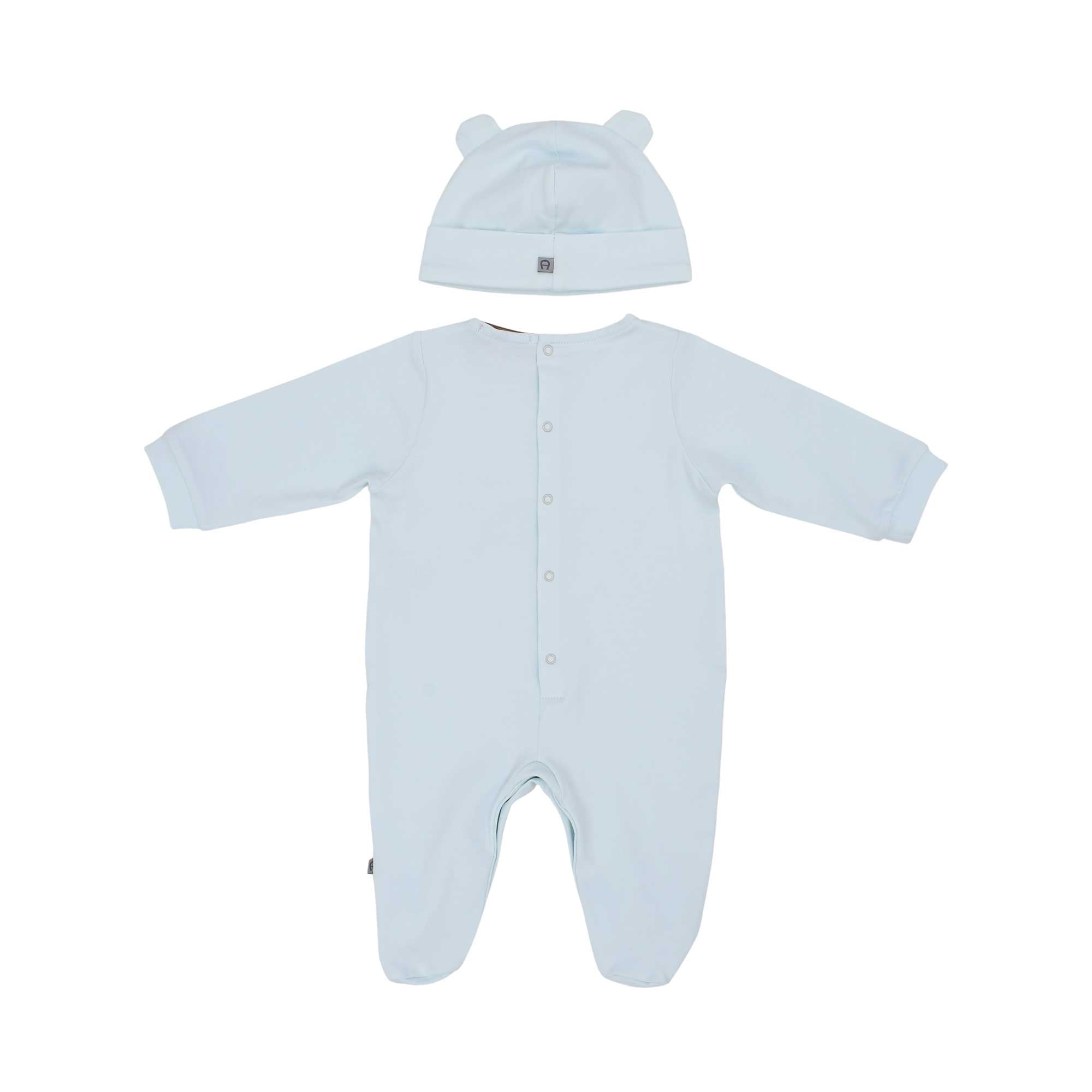 Back view of the Aigner kids newborn blue sleepsuit set with teddy embroidery and ear hat. Find Online Today
