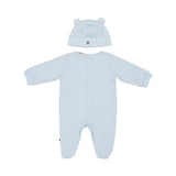 Back view of the Aigner kids newborn blue sleepsuit set with teddy embroidery and ear hat. Find Online Today