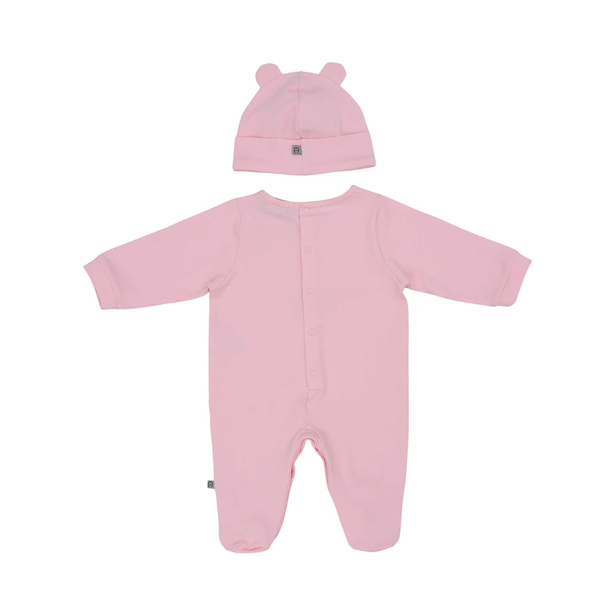Back view of the Aigner kids newborn pink sleepsuit set with teddy embroidery and ear hat. Find Online Today