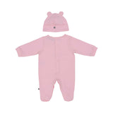 Back view of the Aigner kids newborn pink sleepsuit set with teddy embroidery and ear hat. Find Online Today