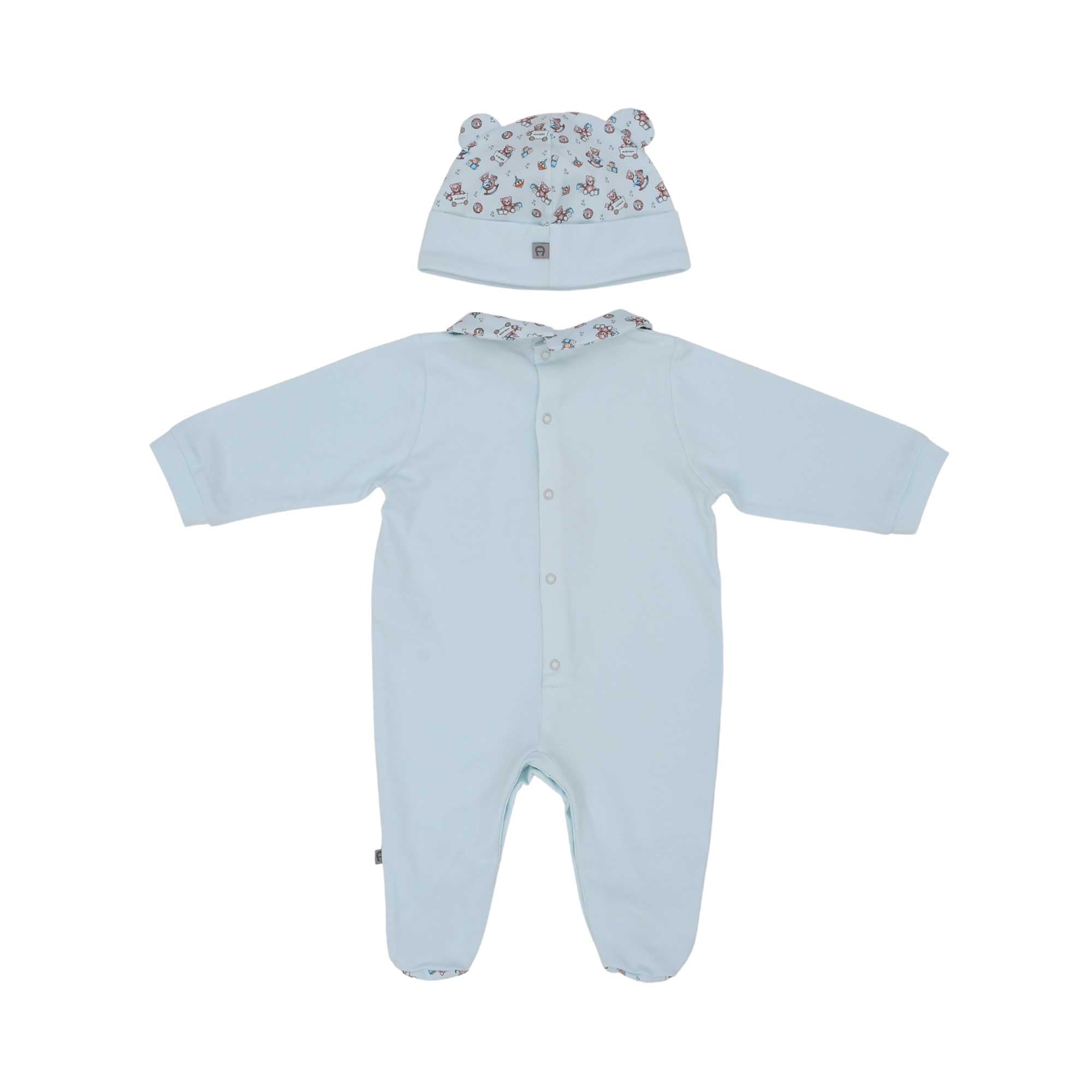 Back view of the Aigner kids newborn teddy bear blue sleepsuit set with hat, baby outfit soft cotton. Order Online Today