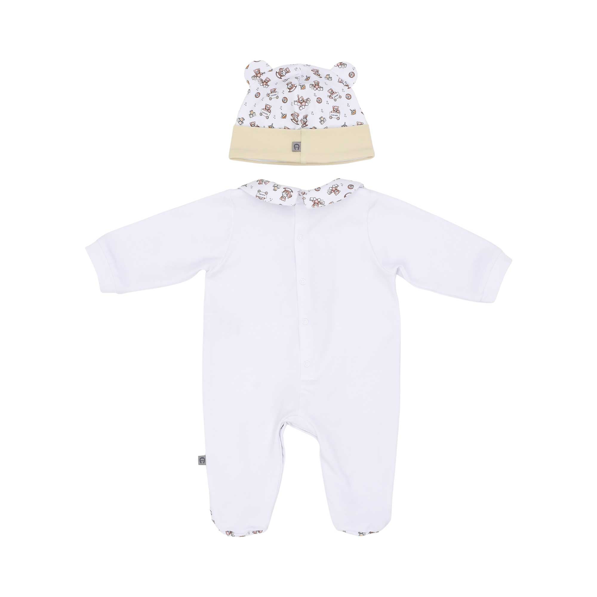 Back view of the Aigner kids newborn teddy bear white sleepsuit set with hat, baby outfit soft cotton. Order Online Today