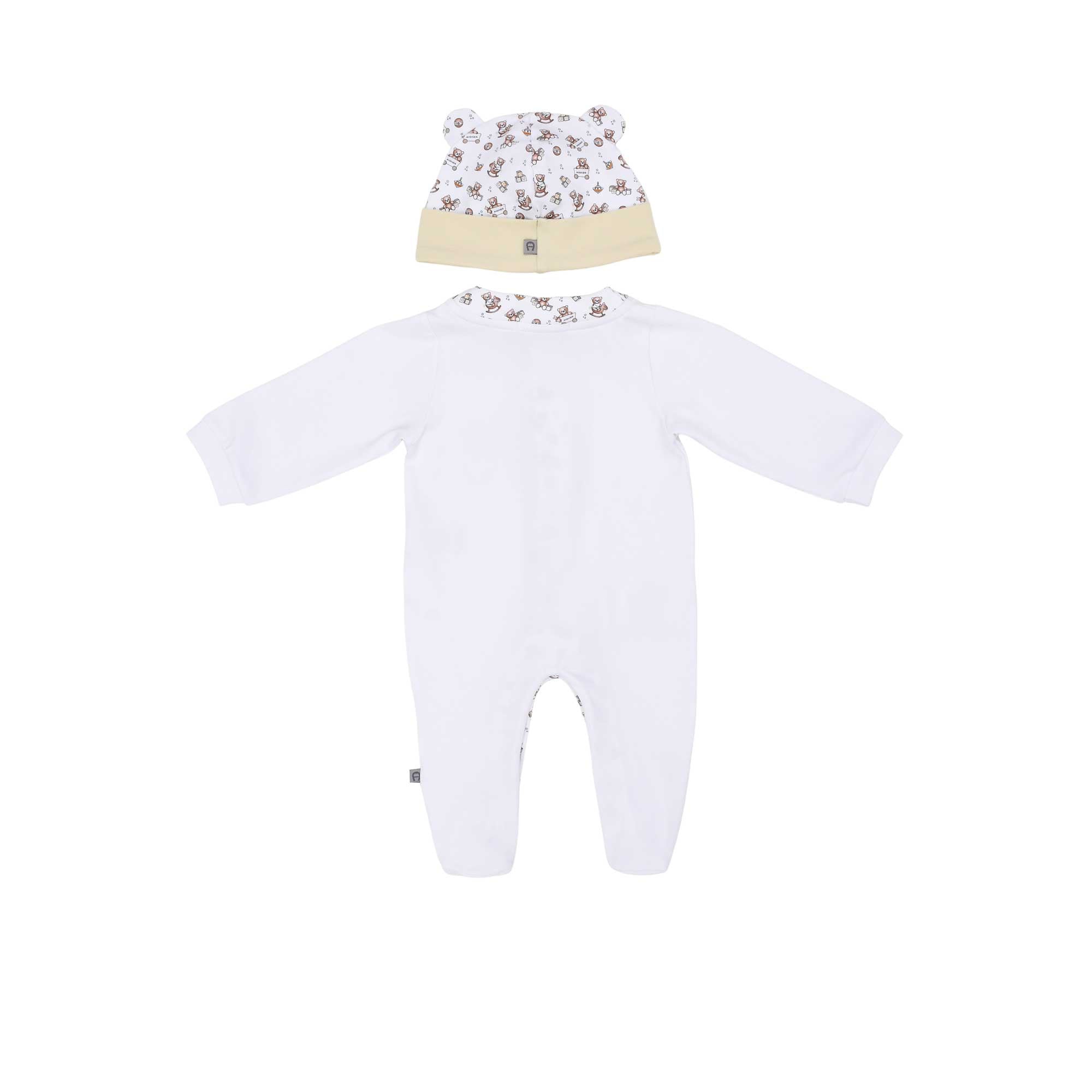 Back view of the Aigner kids teddy bear print white sleepsuit set with ear hat for newborn babies – Shop the Latest Online