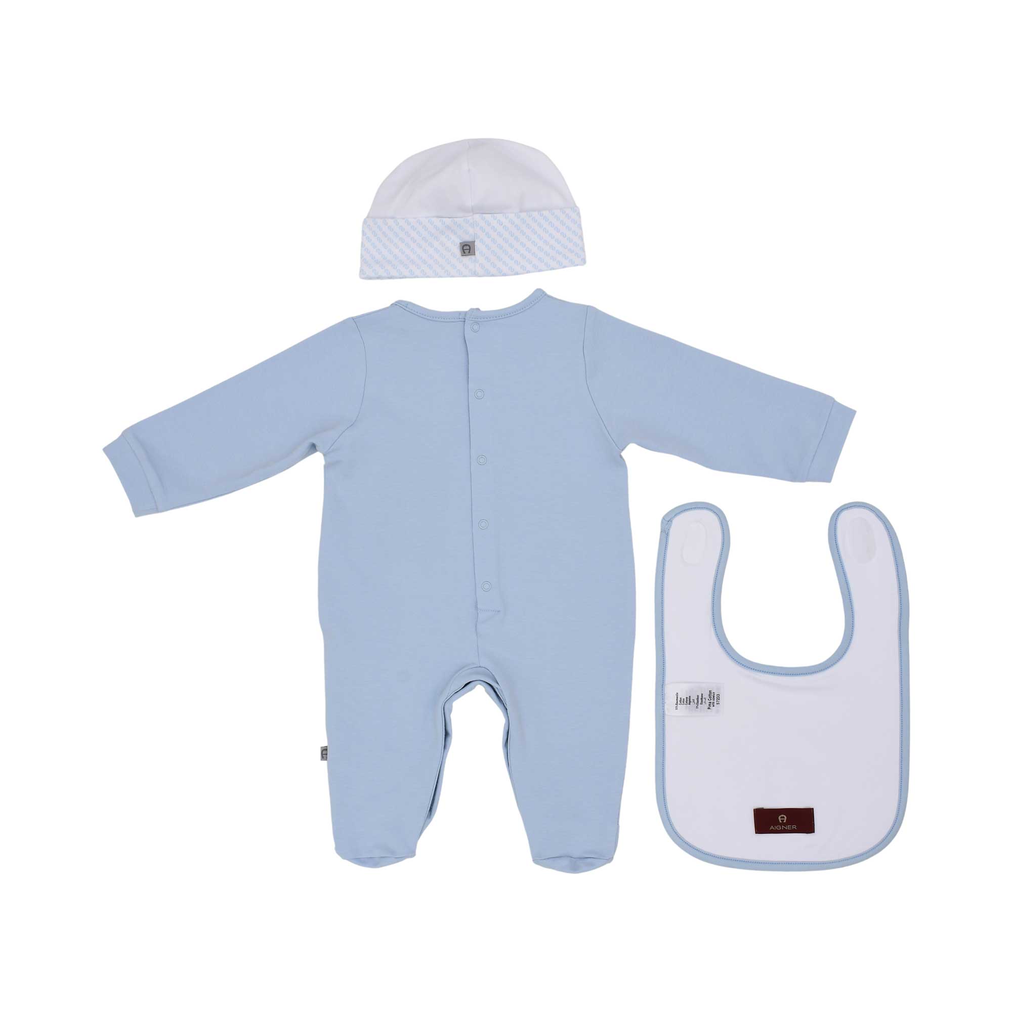 Back view of the Aigner newborn baby boy blue sleepsuit set with white hat bib soft cotton outfit. Shop the Latest Collection Online