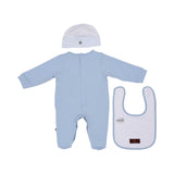 Back view of the Aigner newborn baby boy blue sleepsuit set with white hat bib soft cotton outfit. Shop the Latest Collection Online