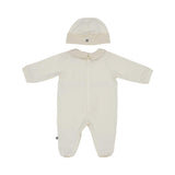 Back view of the Aigner newborn beige sleepsuit with monogram collar teddy motif and matching hat. Available for Online Purchase.
