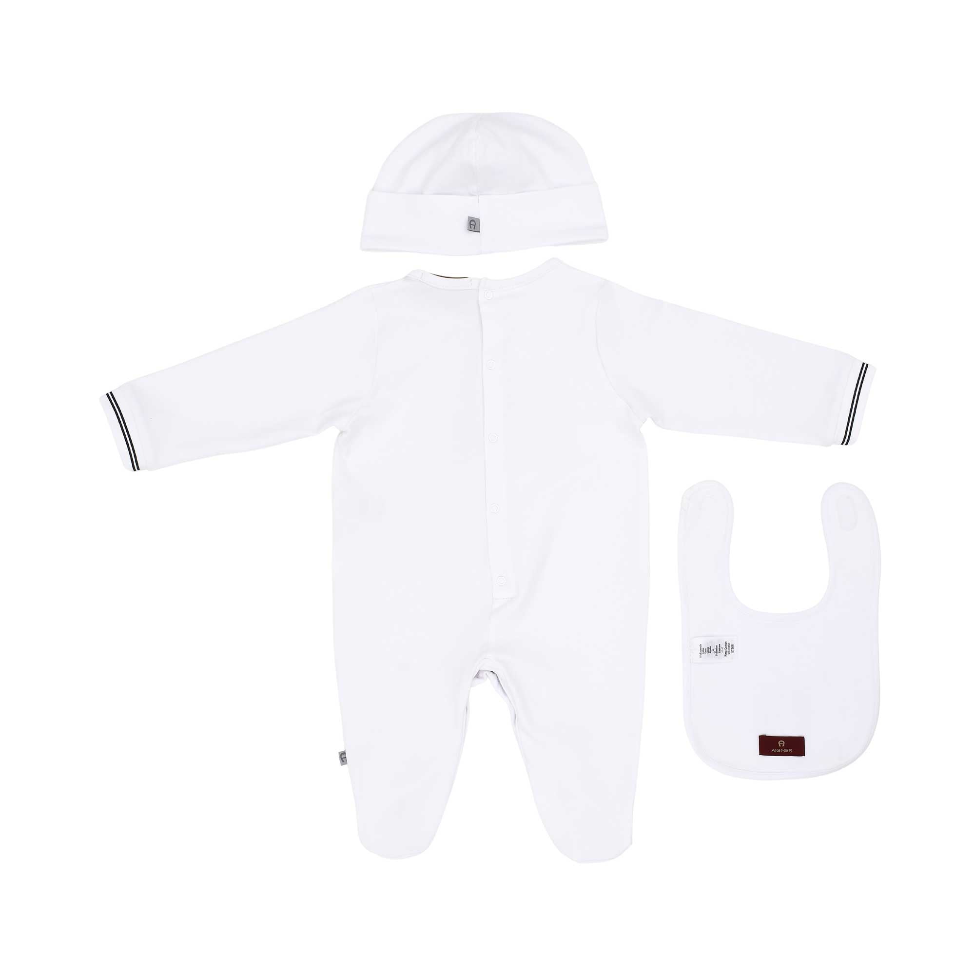Back view of the Aigner newborn white 3 piece set with sleepsuit hat and bib logo design Now Available Online