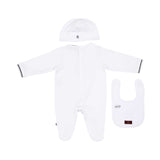 Back view of the Aigner newborn white 3 piece set with sleepsuit hat and bib logo design Now Available Online