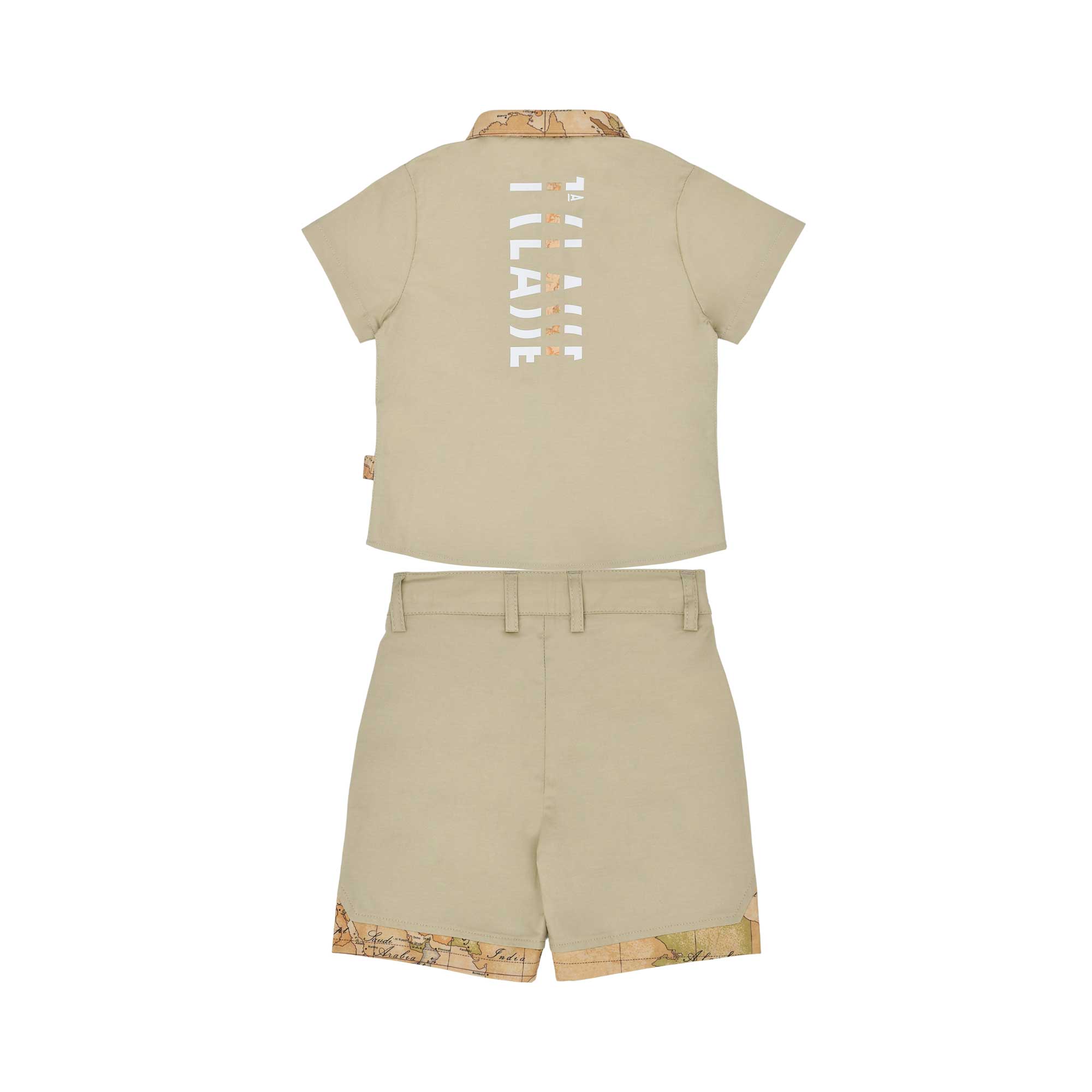 Back view of the Alviero Martini Kids Beige Polo Shirt & Bermuda Shorts Set. Find Online Today at Blue Salon Qatar.