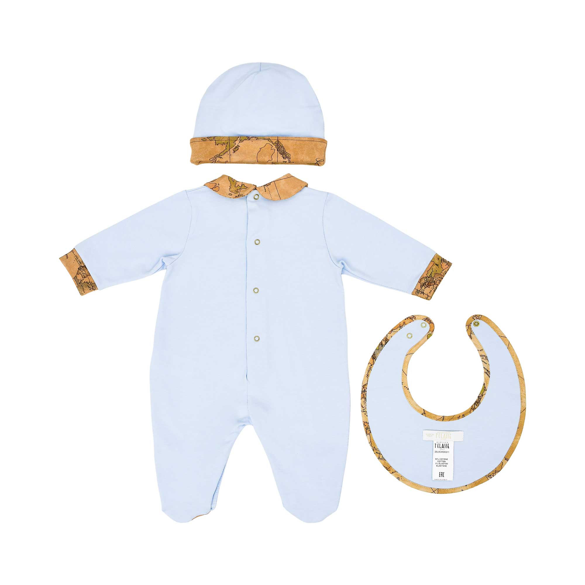 Back view of the Alviero Martini Kids Newborn Blue Geo Sleepsuit Set with Hat & Bib. Order Online Today at Blue Salon Qatar