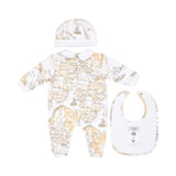 Back view of the Alviero Martini Kids Newborn White/Beige Geo Print Sleepsuit Set with Hat, Bib & Blanket. Available for Online Purchase at Blue Salon Qatar.