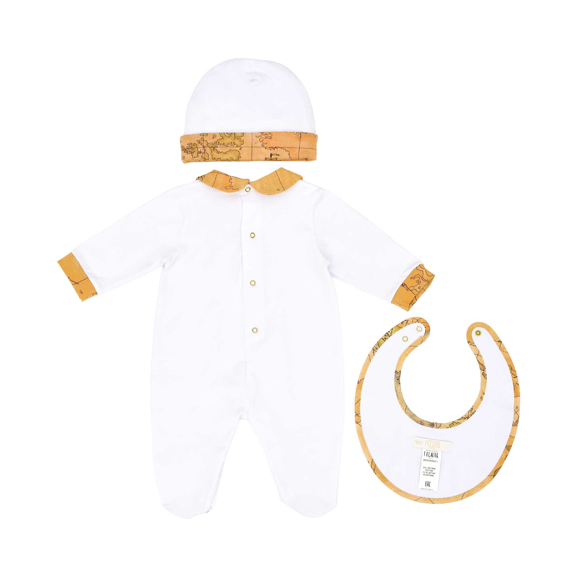 Back view of the Alviero Martini Kids Newborn White Geo Sleepsuit Set with Hat & Bib. Order Online Today at Blue Salon Qatar