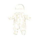 Back view of the Alviero Martini Kids Newborn's Gold Geo Print Sleepsuit Set with Hat. Shop Now Online at Blue Salon Qatar.