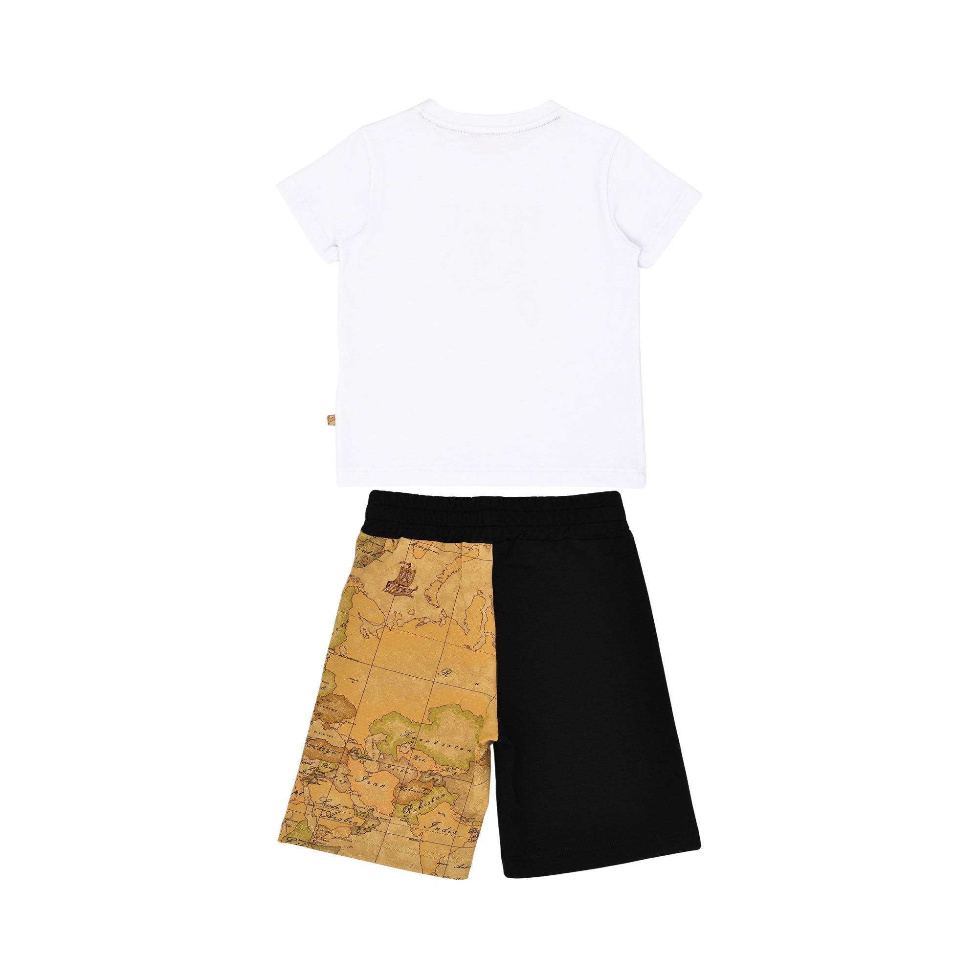 Back view of the Alviero Martini Kids White Graphic T-Shirt & Black Geo Bermuda Set. Shop the Collection Now Online at Blue Salon Qatar.