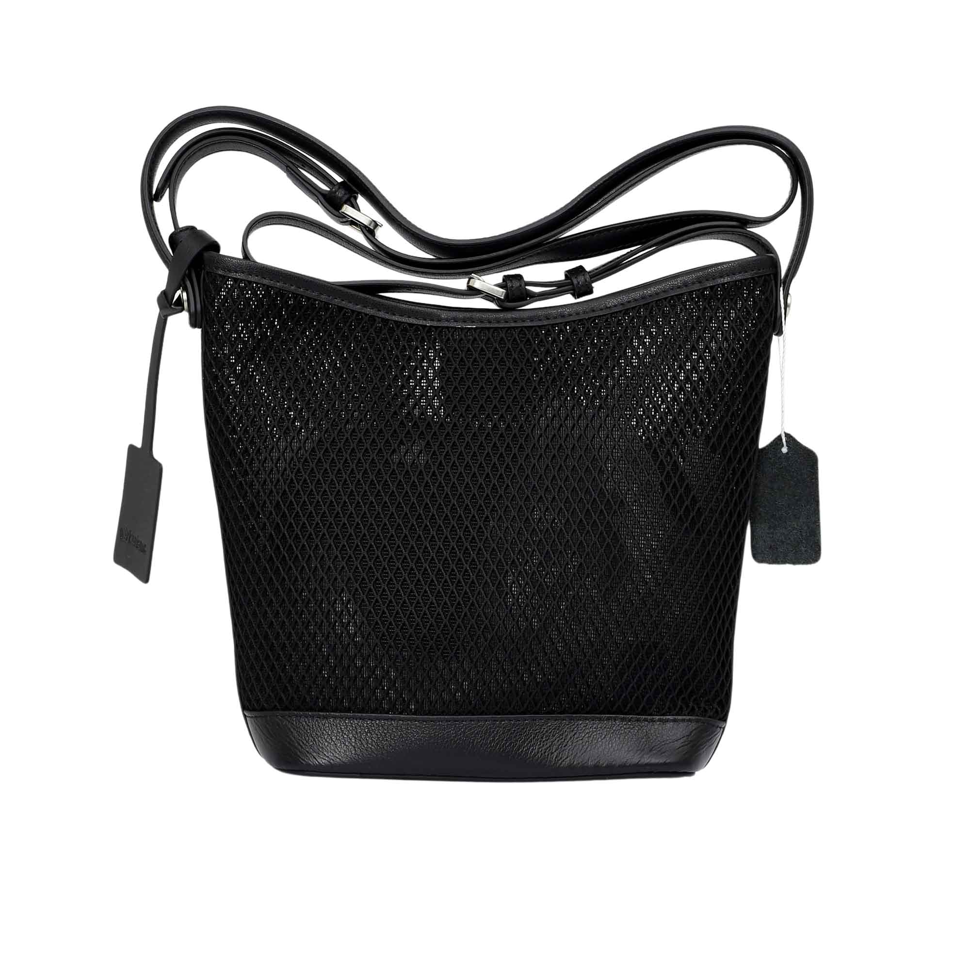 Back view of the Karisma black mesh leather crossbody bucket bag, featuring a geometric mesh pattern, adjustable crossbody strap, and signature logo tag. Shop Now Online