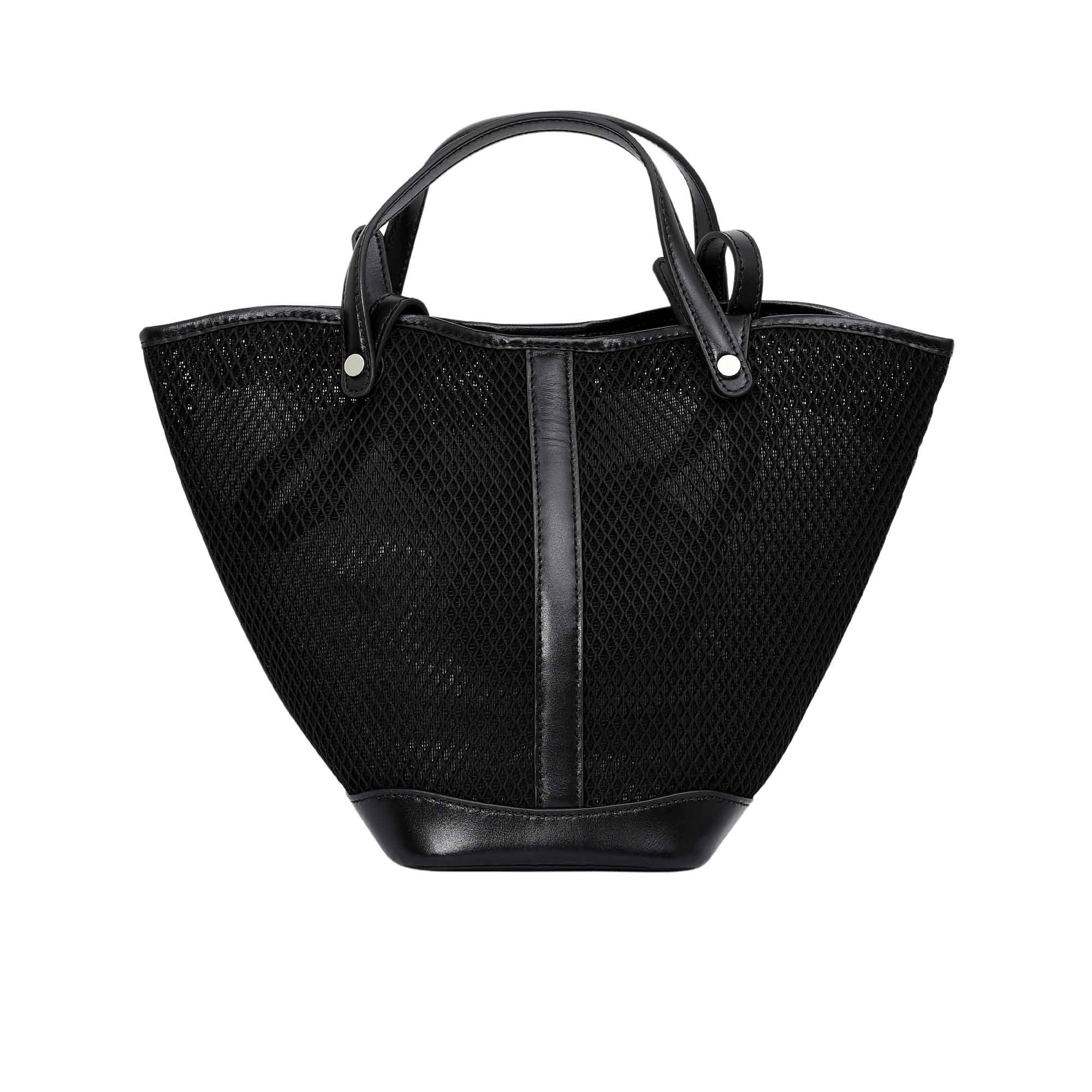 Back view of the Karisma black mesh tote bag, featuring a flared trapezoid shape, smooth vertical leather-style trim, and dual top handles. Available Now Online