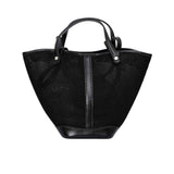 Back view of the Karisma black mesh tote bag, featuring a flared trapezoid shape, smooth vertical leather-style trim, and dual top handles. Available Now Online