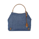 Back view of the Karisma denim shoulder bag with Brown leather trim and top handle. Available for Online Purchase