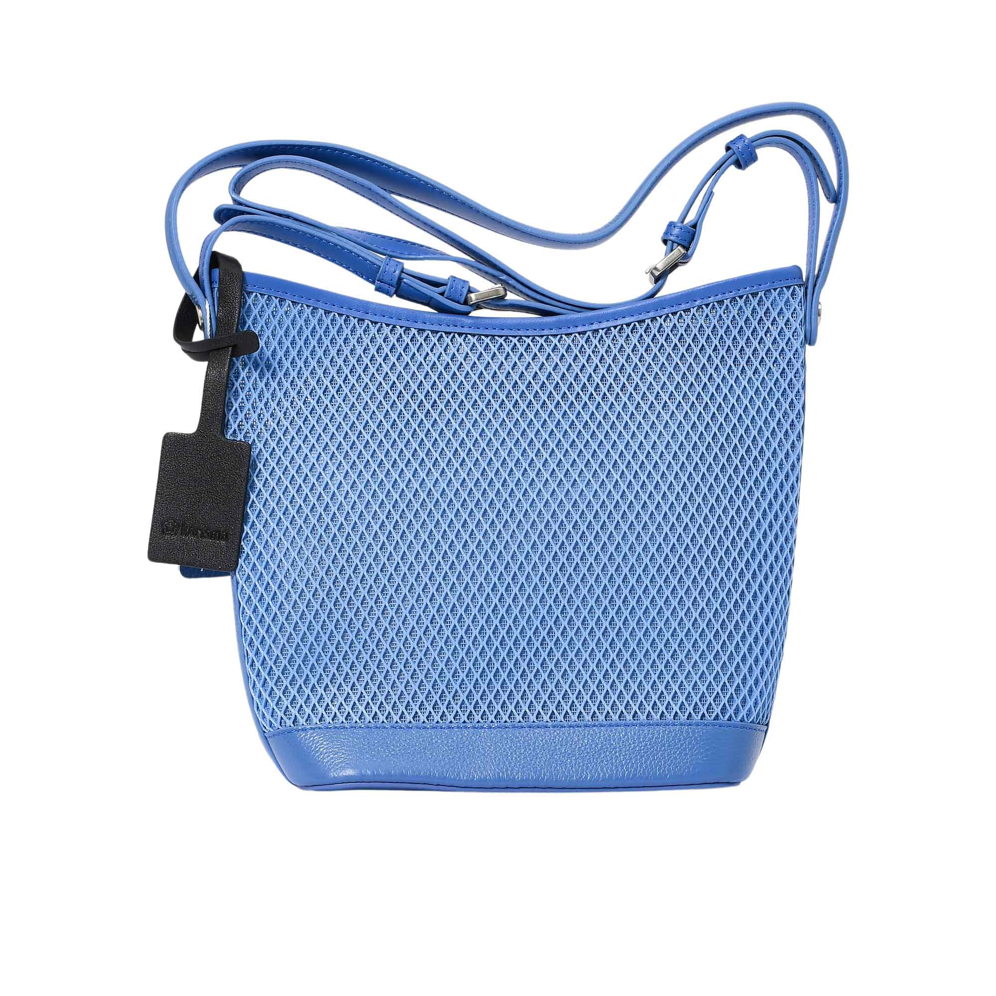 Back view of the Karisma mesh leather crossbody bucket bag in Blue, featuring a geometric mesh pattern, adjustable crossbody strap, and signature logo tag. Shop Now Online
