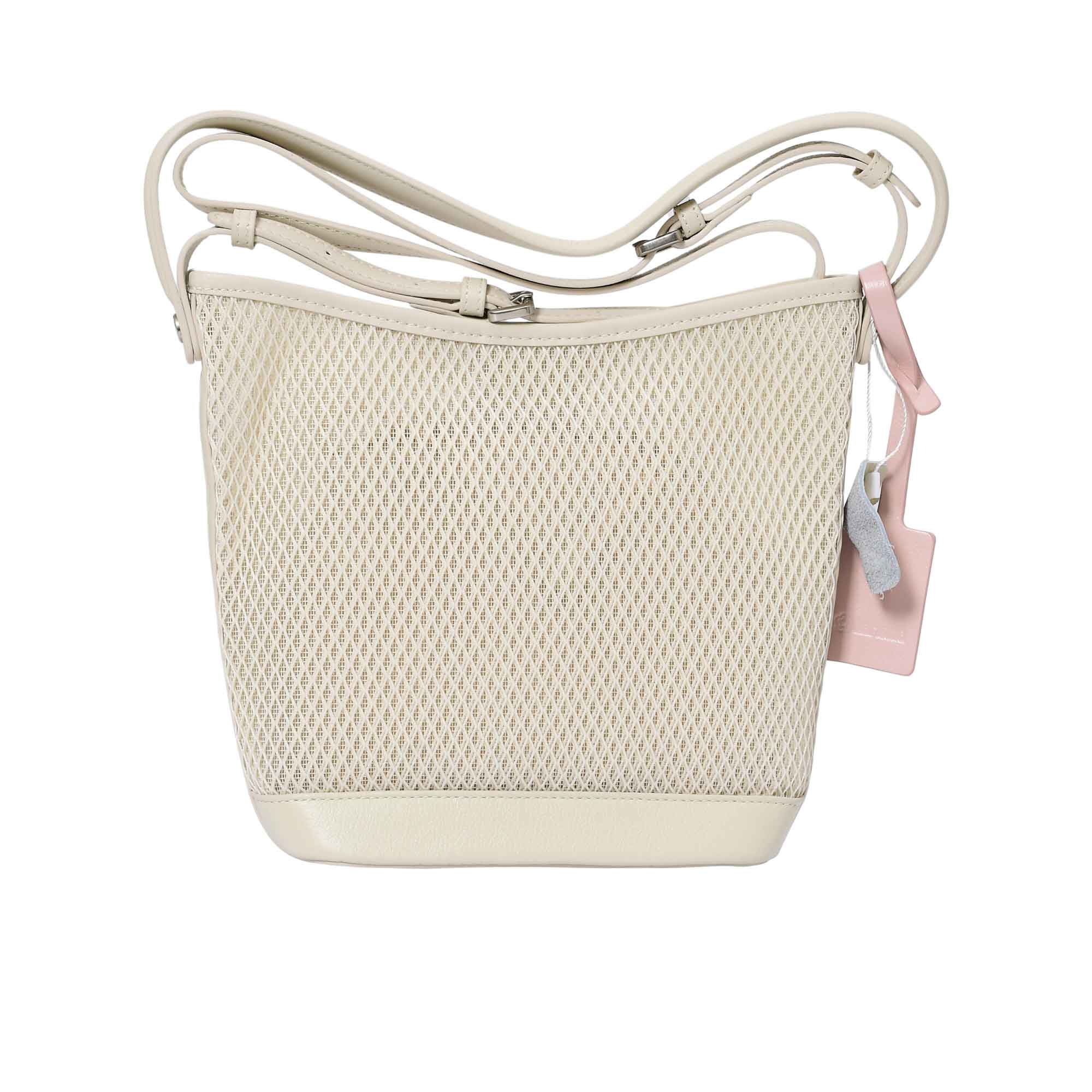 Back view of the Karisma mesh leather crossbody bucket bag in White, featuring a geometric mesh pattern, adjustable crossbody strap, and signature logo tag. Shop Now Online