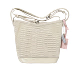 Back view of the Karisma mesh leather crossbody bucket bag in White, featuring a geometric mesh pattern, adjustable crossbody strap, and signature logo tag. Shop Now Online