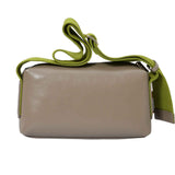Back view of the Karisma smooth leather crossbody bag in grey with green straps, and teddy bear charm. Shop Online