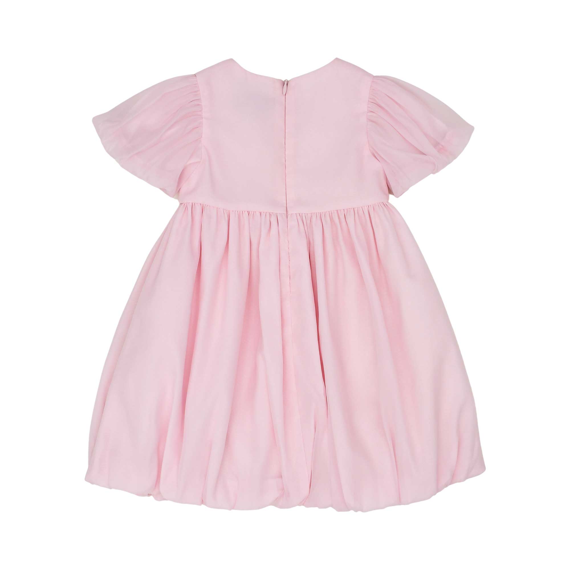 Back view of the Moschino baby girl pink dress puff sleeves teddy logo Available for Online Purchase