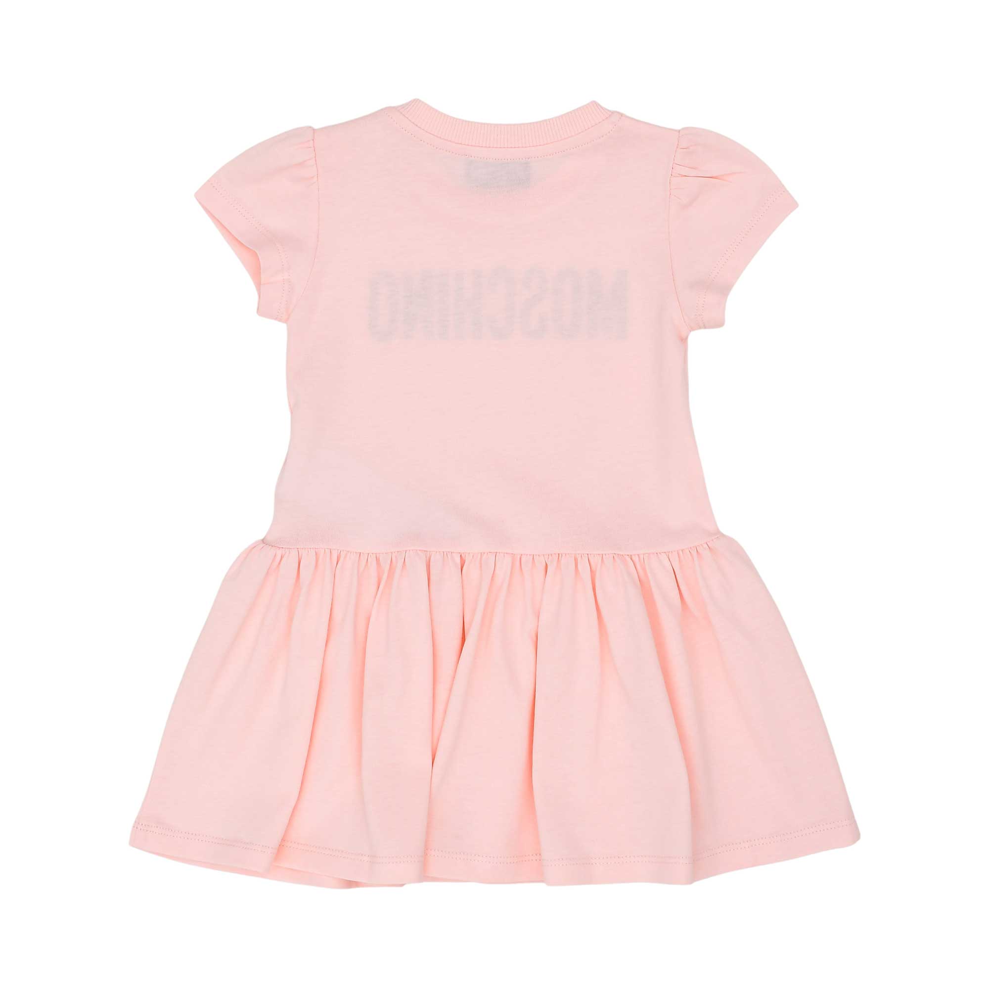 Back view of the Moschino baby girl pink logo dress short sleeve flared hem. Find Online Today