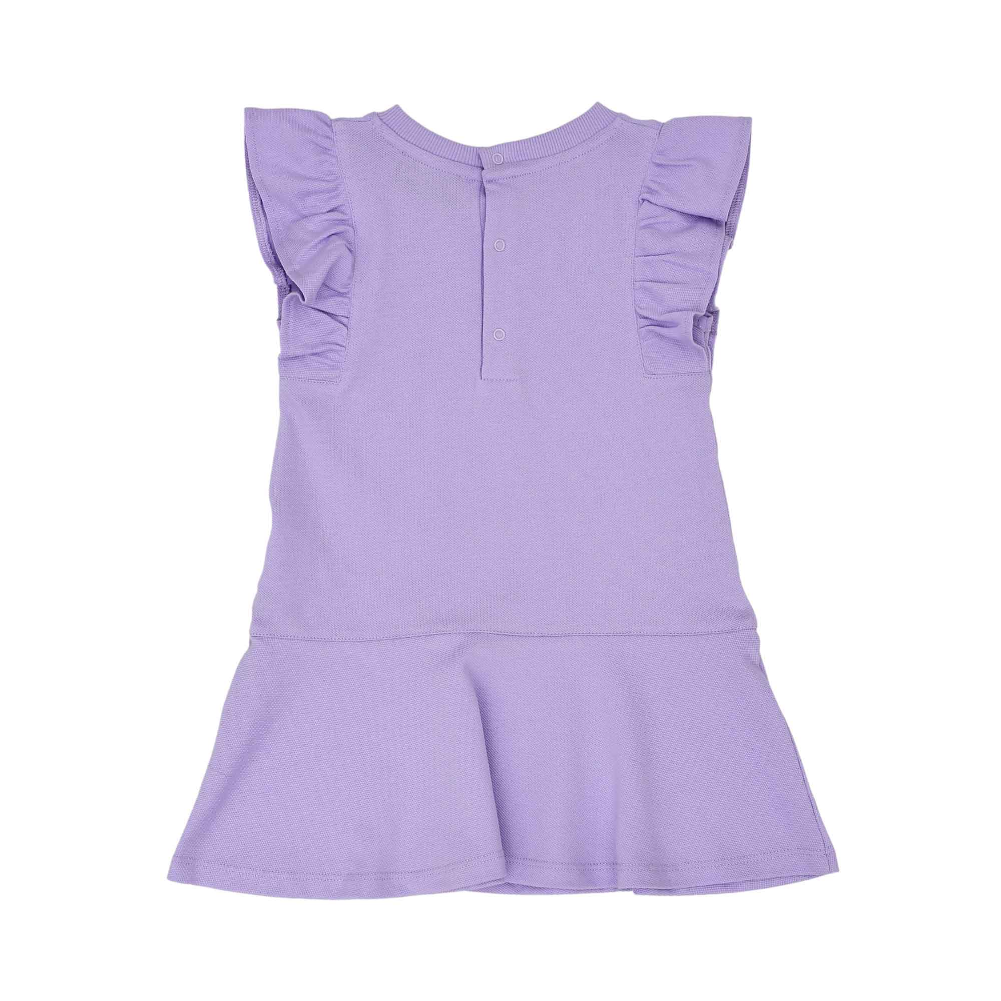 Back view of the Moschino kids baby girl purple dress teddy print ruffle sleeves. Shop the Latest Online