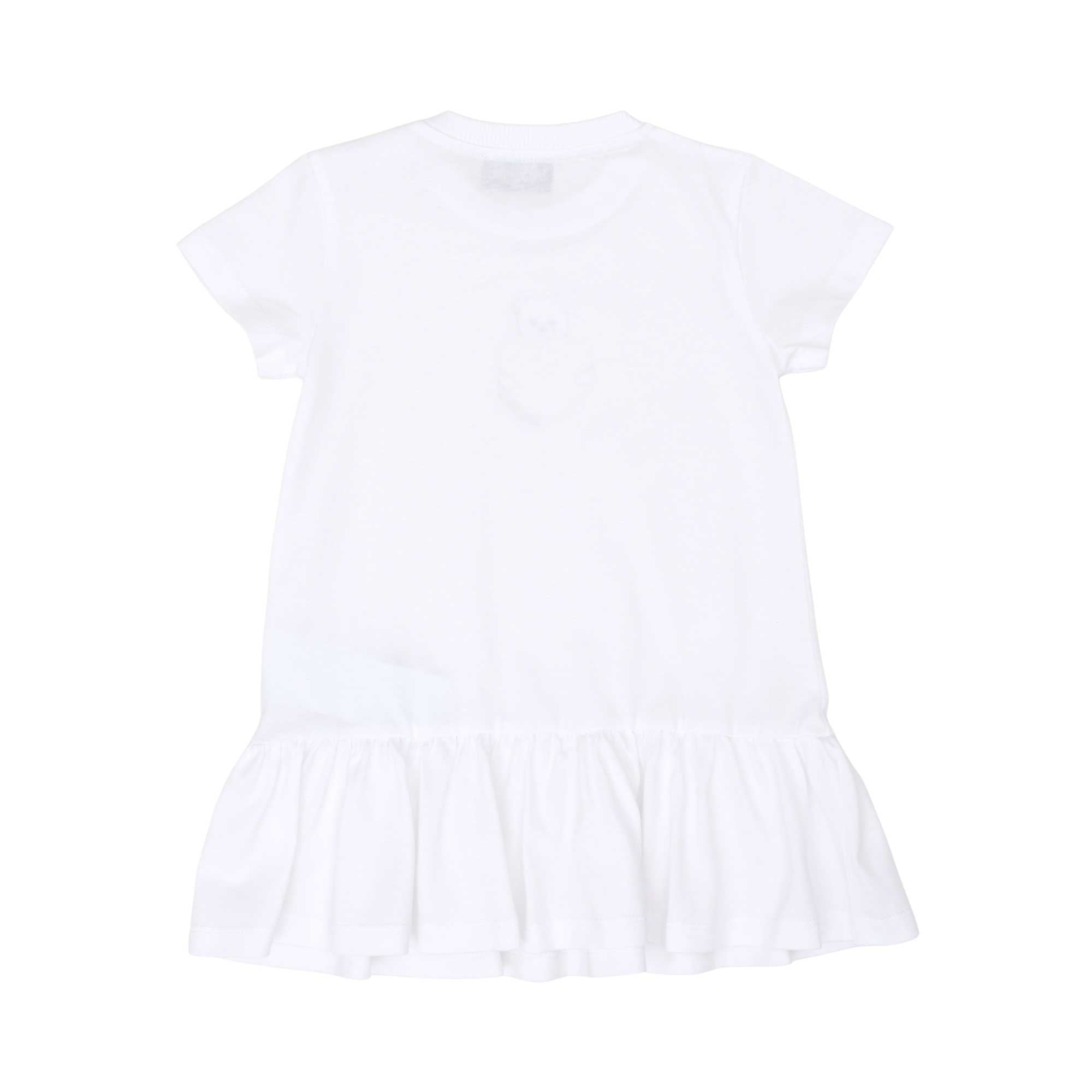 Back view of the Moschino kids baby girl white dress teddy heart print ruffle hem. Now Available Online