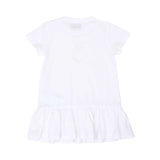 Back view of the Moschino kids baby girl white dress teddy heart print ruffle hem. Now Available Online