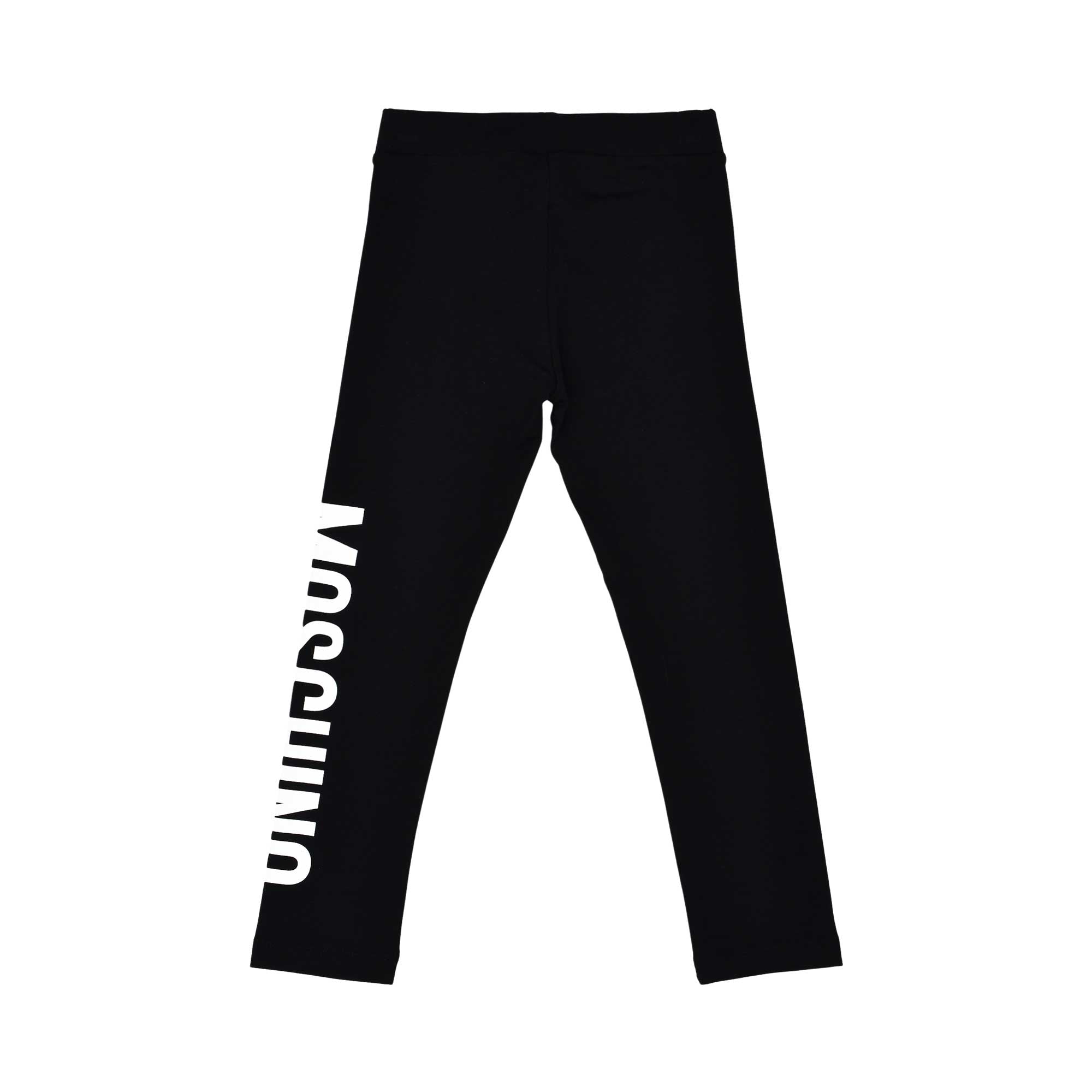 Back view of the Moschino kids girls black logo leggings stretch slim fit. Shop Now Online