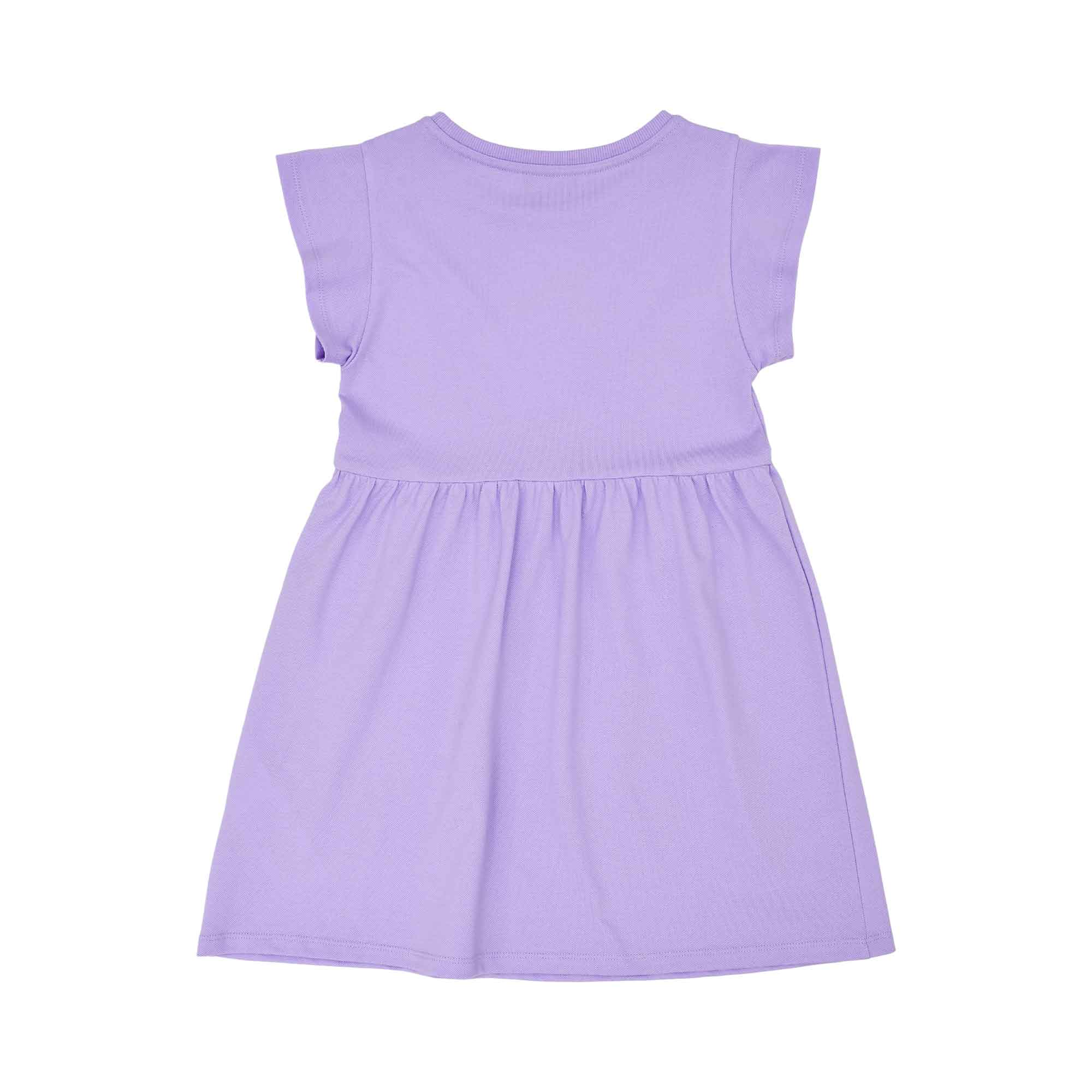 Back view of the Moschino kids girls floral teddy dress in Purple with flared skirt. Available for Online Purchase