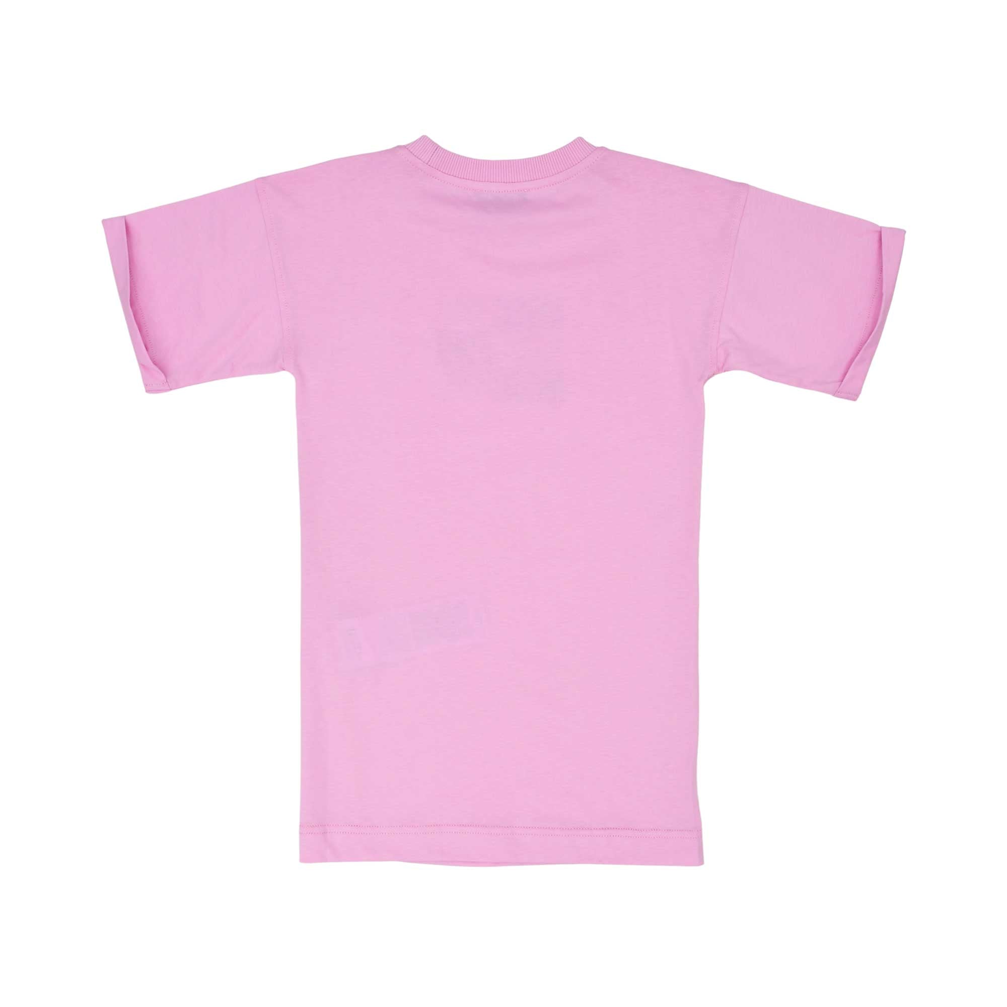 Back view of the Moschino kids girls pink logo print dress short sleeve. Available Online Today