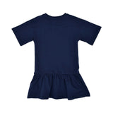 Back view of the Moschino kids girls teddy logo dress in navy with flared hem. Order Online Today