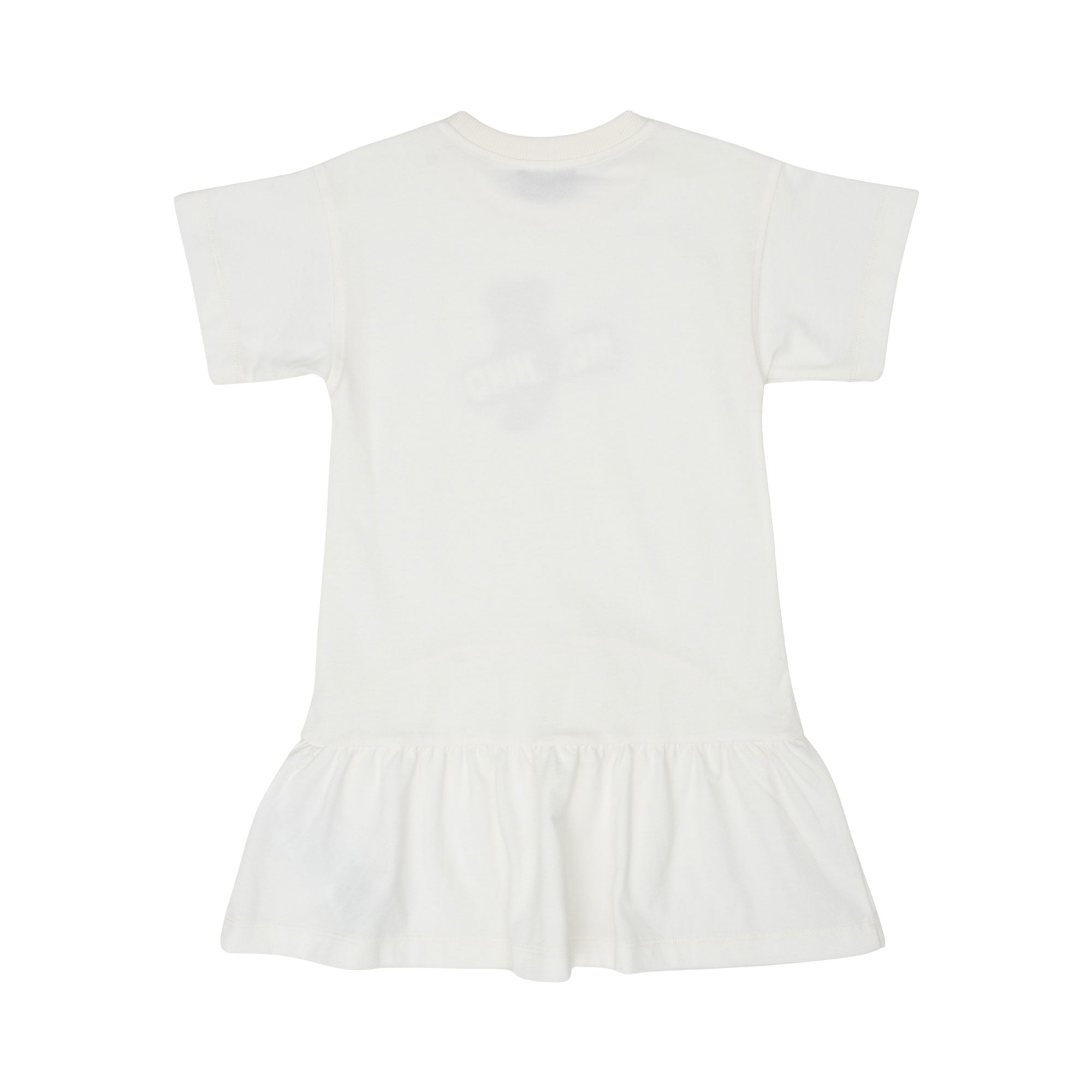 Back view of the Moschino kids girls white teddy logo dress flared hem. Shop Now Online