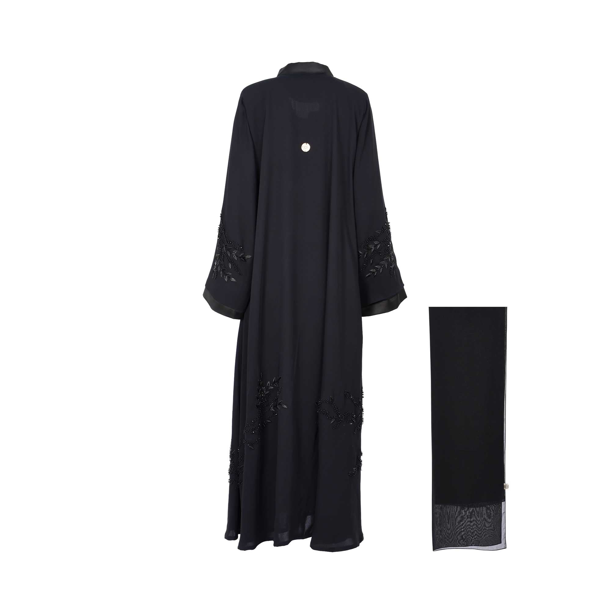 Back view of the Nero Women's Navy Blue Satin Lapel Embellished Abaya with tonal floral bead embellishment with matching scarf. Order Online Today
