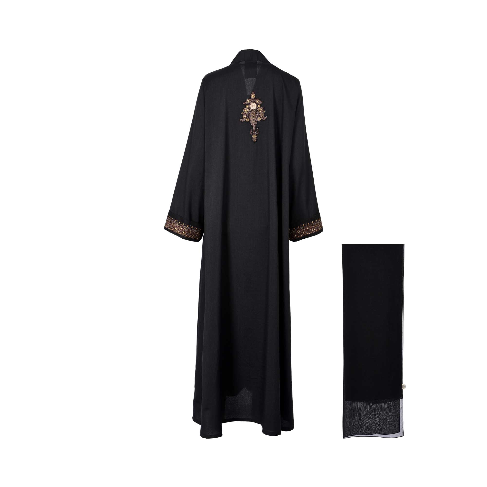 Back view of the Nero women's black embroidered abaya with Brown detailing and matching scarf. Shop the Latest Collection