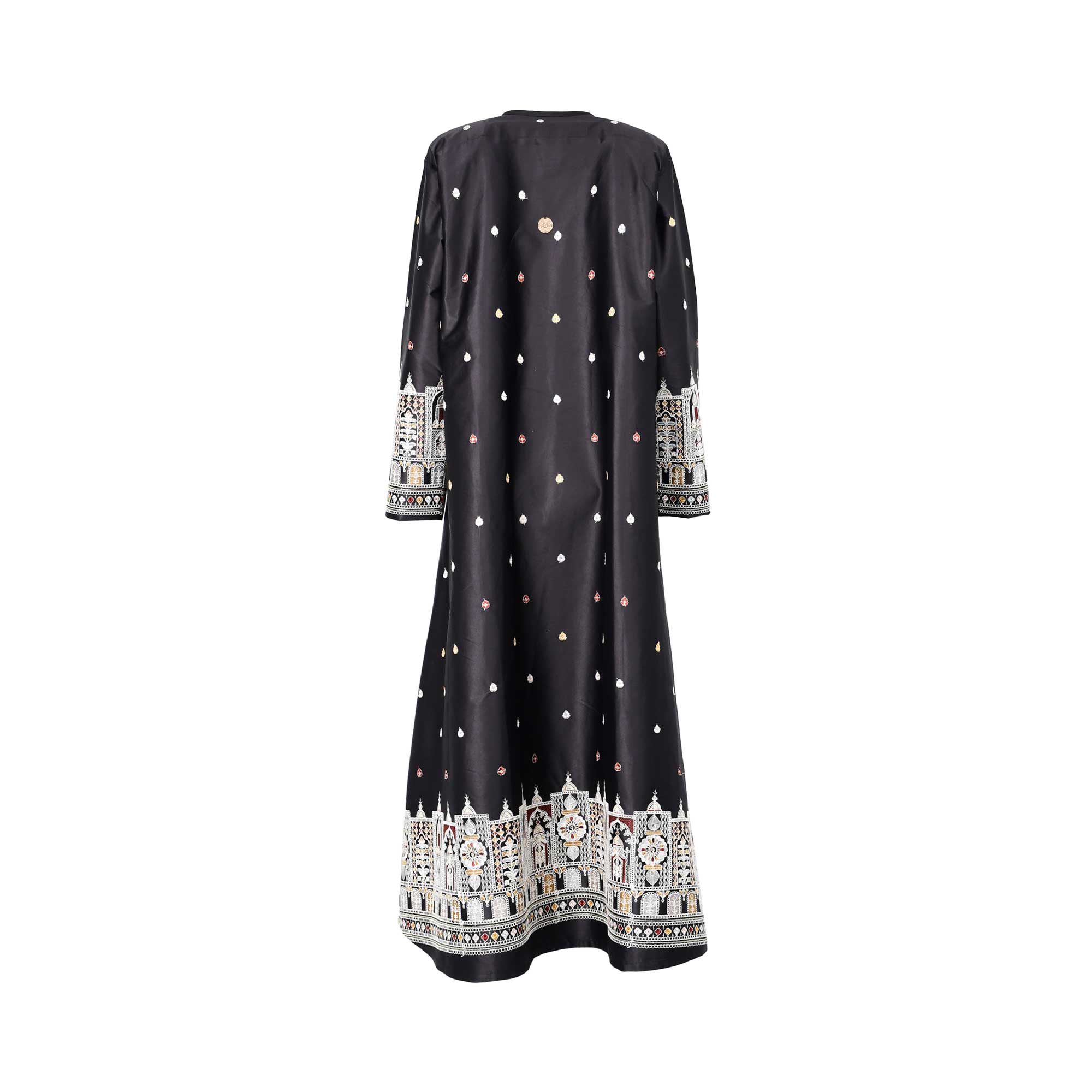 Back view of the Nero women's black embroidered jalabiya set with gold inner dress. Shop the Collection Online