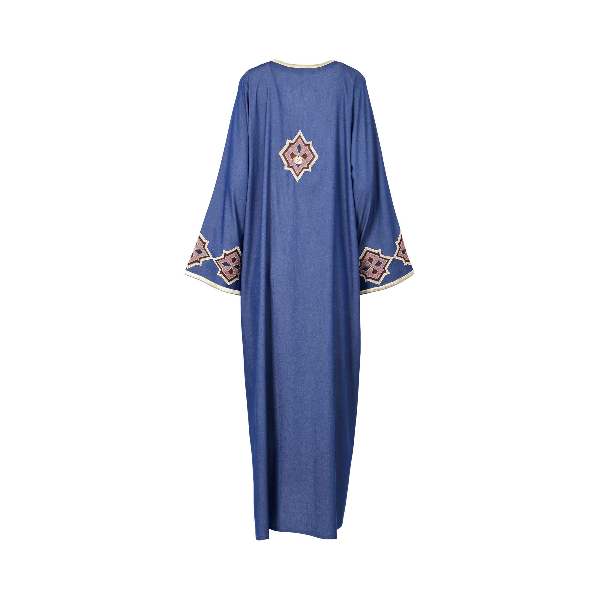 Back view of the Nero women's blue jalabiya with gold geometric embroidery. Available Online Now