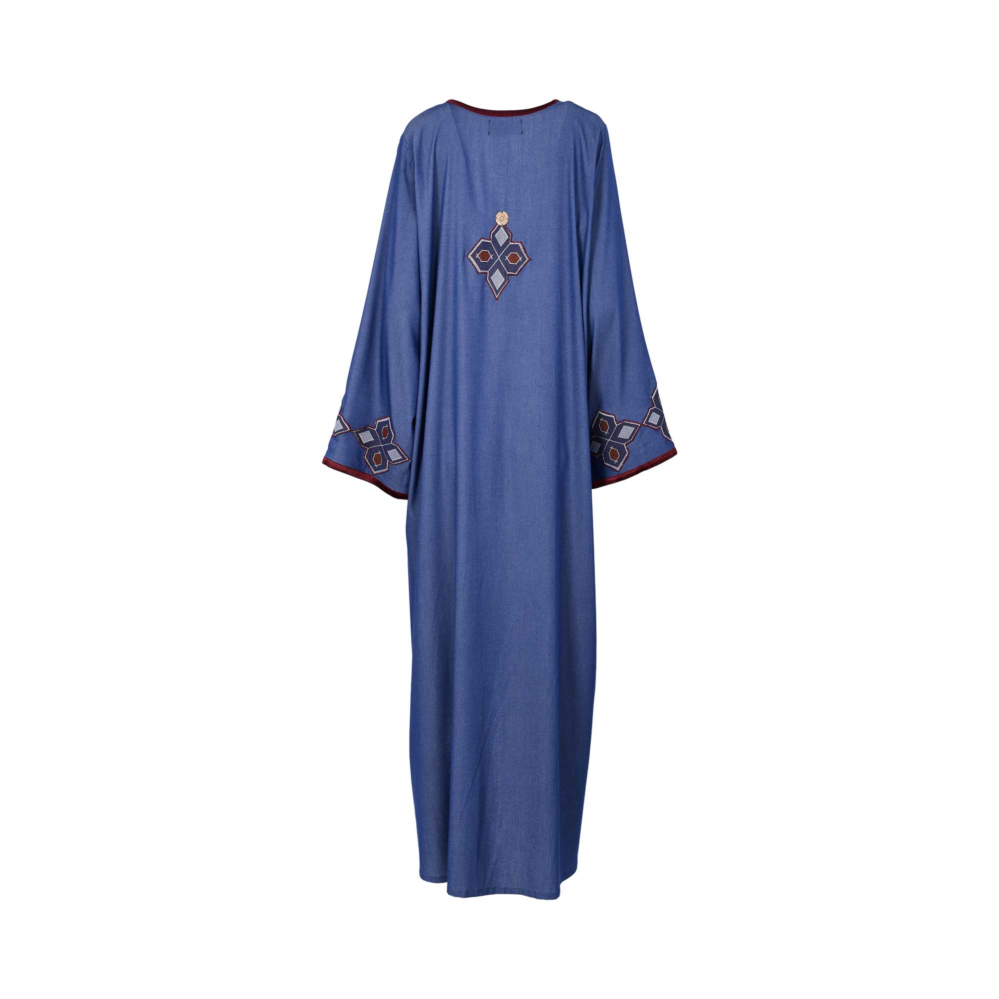 Back view of the Nero women's blue jalabiya with maroon geometric embroidery. Available Online Now