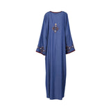 Back view of the Nero women's blue jalabiya with maroon geometric embroidery. Available Online Now