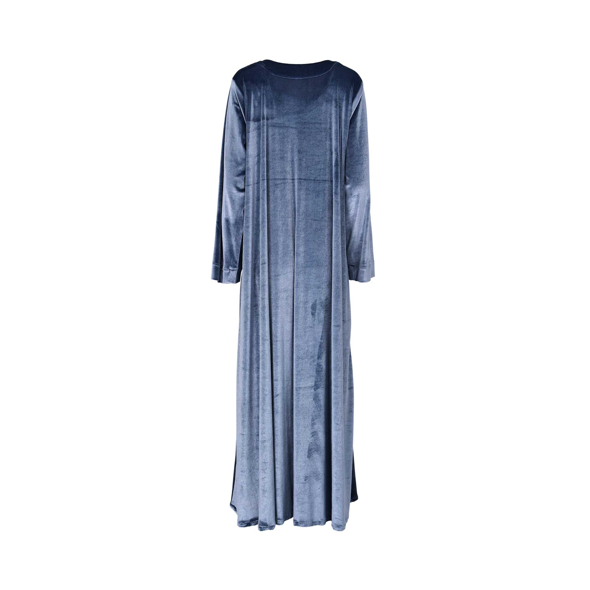 Back view of the Nero women's dark grey velvet embellished jalabiya. Find Now Online.