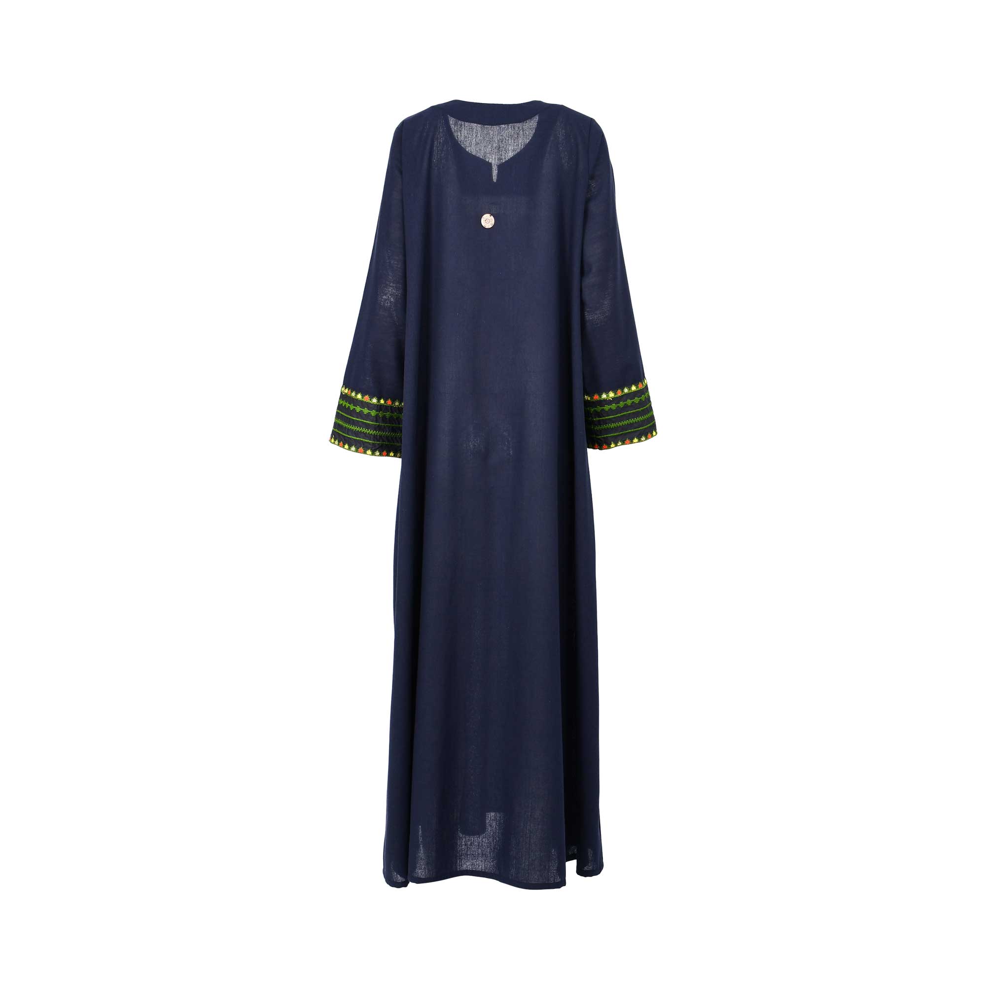Back view of the Nero women's navy blue embroidered jalabiya with green embroidery panel. Shop the Latest Collection Online