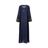 Back view of the Nero women's navy blue embroidered jalabiya with green embroidery panel. Shop the Latest Collection Online