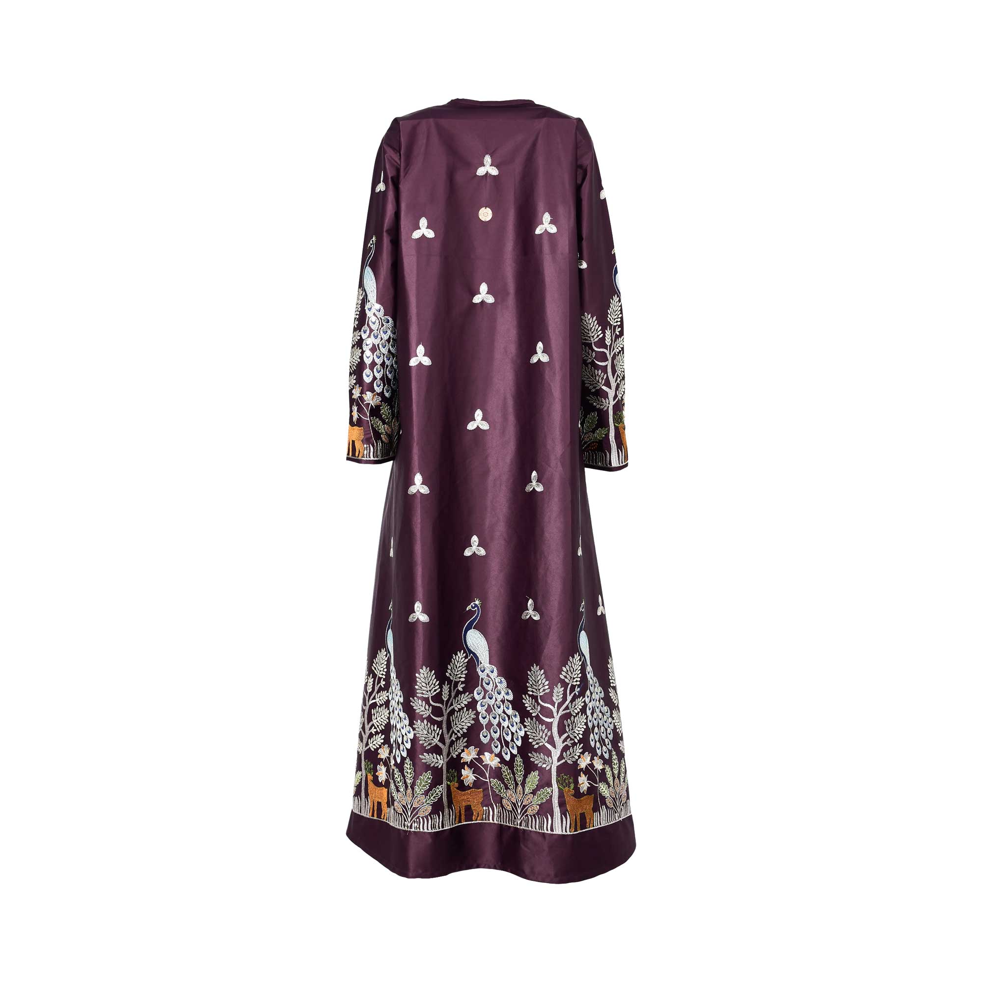 Back view of the Nero women's purple embroidered jalabiya set with gold inner dress. Shop the Collection Online