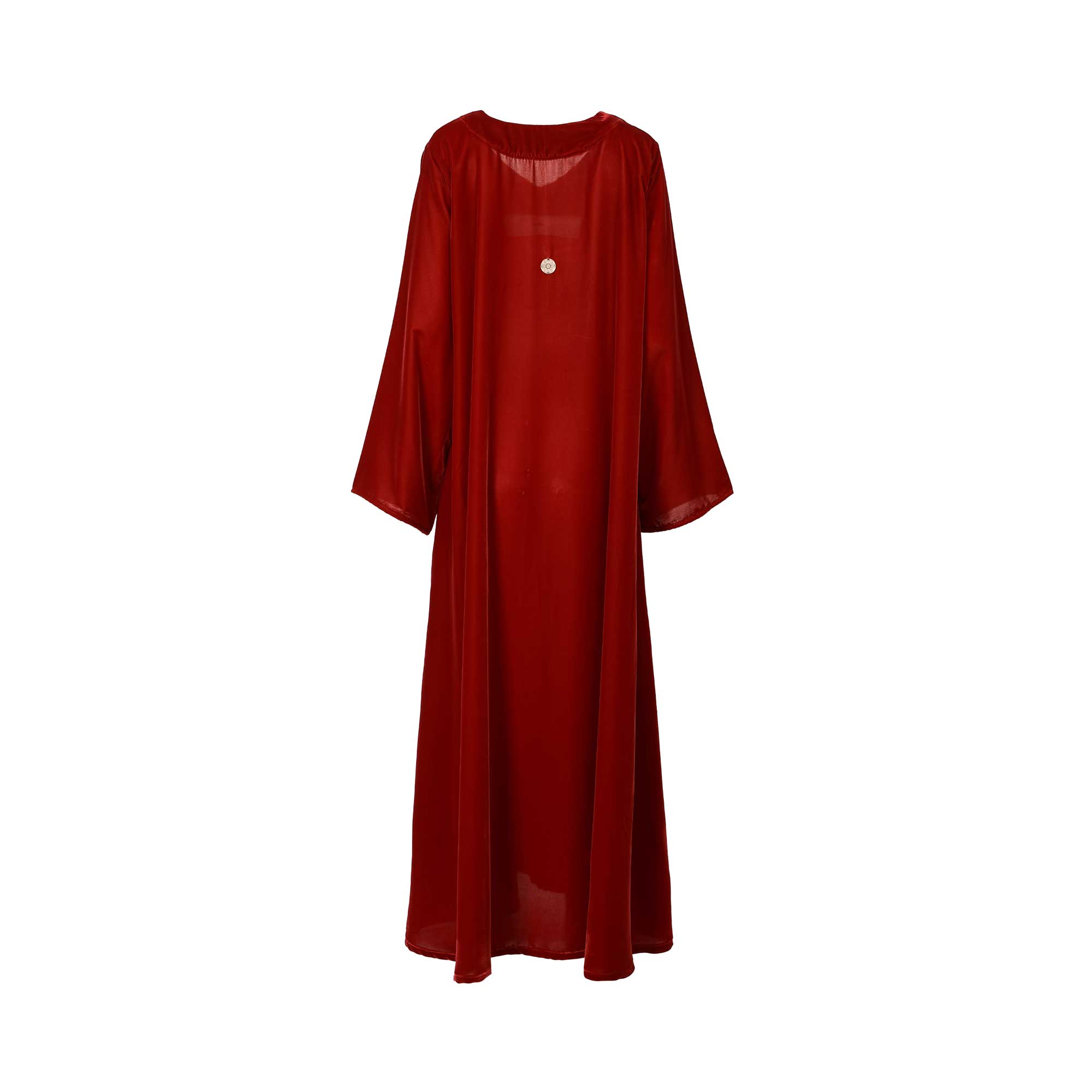 Back view of the Nero women's red velvet floral embellished jalabiya. neckline. Shop Now Online