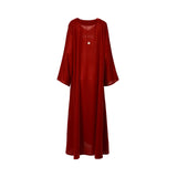 Back view of the Nero women's red velvet floral embellished jalabiya. neckline. Shop Now Online